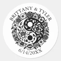 Black and White Floral Yin Yang   Classic Round Sticker