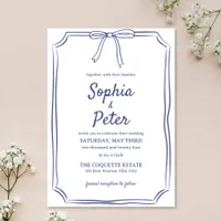 Elegant Navy Blue Hand-Drawn Bow Timeless Wedding Invitation