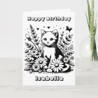 Cute Cat themed Coloring Page Girl's Birthday Card