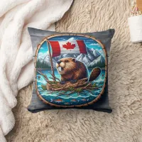 Canadian Beaver With Flag in Mountain Landscape Throw Pillow