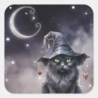 Black Halloween Cat Wearing a Witch Hat  Square Sticker