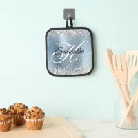 Silver Glitter Light Blue Foil Fancy Monogram Pot Holder