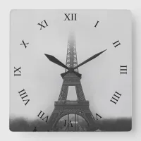 Paris Eiffel Tower Fog B&W Square Wall Clock