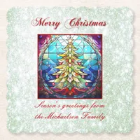 Sparkly Green Glitter Stained Glass Christmas Tree Paper Coaster