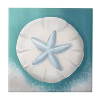 Teal Starfish and Sand Dollar Beachy  Ceramic Tile