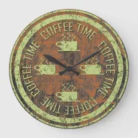 Coffee Time Green on Rust Large Clock