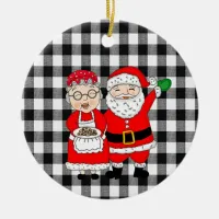 Mr and Mrs Santa Claus and Elf Buffalo Plaid Ceramic Ornament