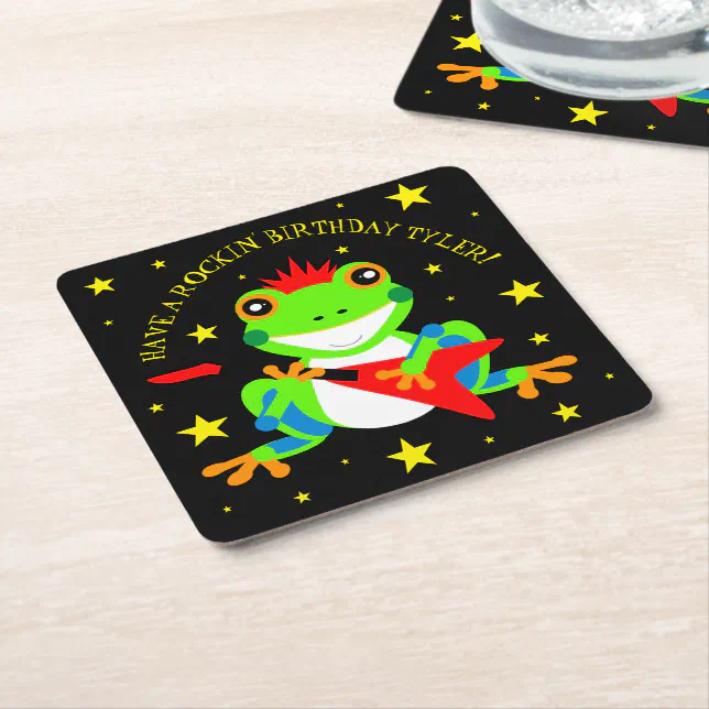 Rockin' Birthday Tree Frog with Red Guitar Square Paper Coaster