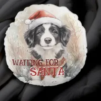 Border Collie Waiting For Santa Dog Watercolor  Round Pillow