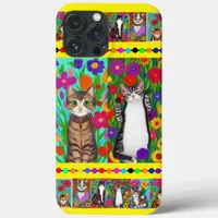 Folk Art Whimsical Style Cat and Flowers iPhone 13 Pro Max Case