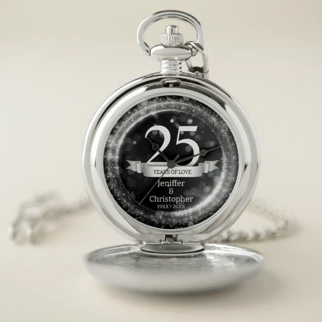 Silver Black Glitter Edit Year Wedding Anniversary Pocket Watch