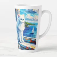 White Cat in Window sill Looking out at the Ocean Latte Mug