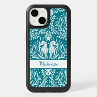 Damask Seahorses Personalized Teal and White OtterBox iPhone 14 Case