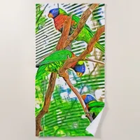 Colorful Loris on a branch - parrots - painting Beach Towel