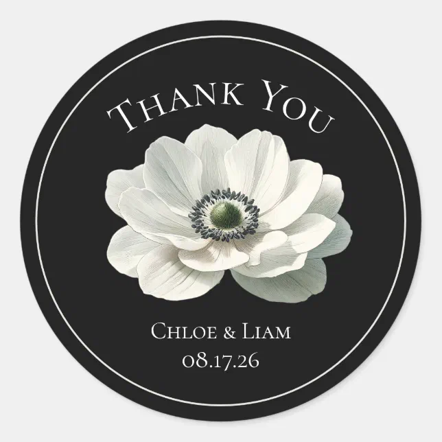 Elegant Anenome Flower Wedding Black & White Classic Round Sticker