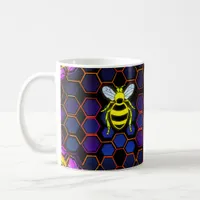 Vibrant Neon Honeybee with Abstract Hexagonal  Coffee Mug