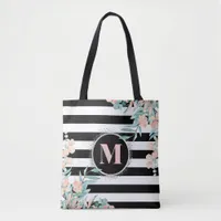 Blush Floral on Black and White Stripe Monogram Tote Bag