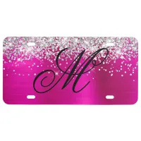 Silver Glitter Hot Pink Foil Black Fancy Monogram License Plate