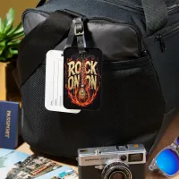 Guitar on fire with rock-inspired typography luggage tag