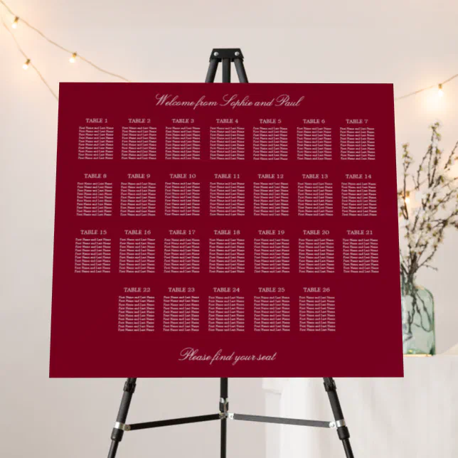 Burgundy 26 Table Wedding Seating Chart Foam Board