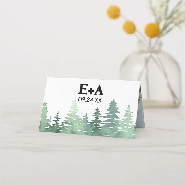 Rustic Mountain Watercolor Forest Tree Wedding Place Card