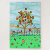 Pretty Folk Art Whimsical Autumn Tree Fall Leaves Jigsaw Puzzle