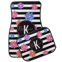 Trendy Floral Black & White Stripes Personalized Car Floor Mat