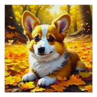 Corgi Puppy Dog Playing in Fall Leaves Poster