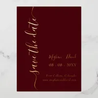 Elegant Handwritten Burgundy Save the Date    Foil Invitation Postcard