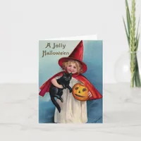 Vintage Halloween Girl With Black Cat Card