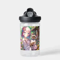 Anime Girl and Siamese Cat Personalized Water Bottle