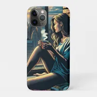 Woman Drinking Coffee at Sunrise in the City iPhone 11 Pro Case