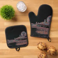 Black Stained Glass Santa Monica Pier Oven Mitt & Pot Holder Set