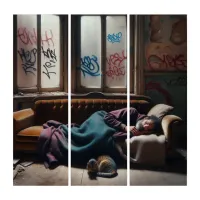 Homeless Man Sleeping in Abandoned Building   Triptych