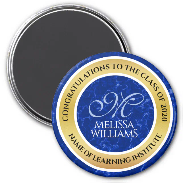 Elegant Graduation Monogram Blue Marble Gold Foil Magnet