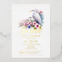 Tropical Egret Bird Coastal Baby Shower Foil Invitation