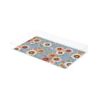 Pink Daisies Pretty Floral Pattern on Blue Acrylic Tray