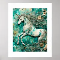 Magical White Unicorn Teal Background Poster