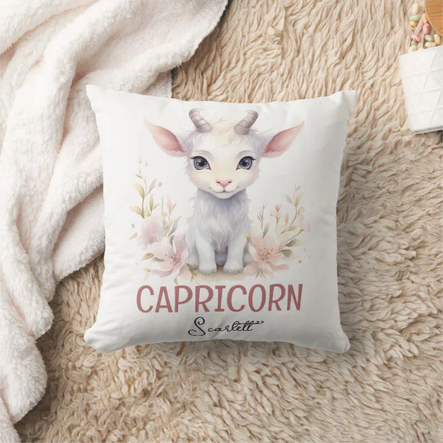 Cute Watercolor Illustration Capricorn Zodiac Name Throw Pillow