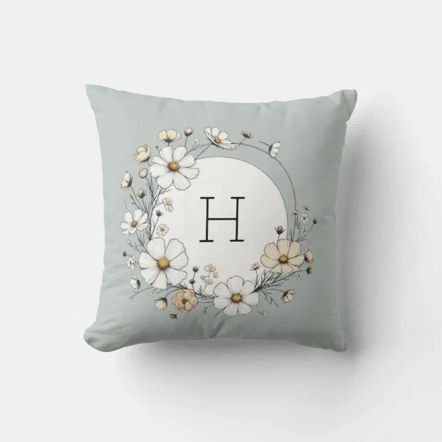 Sage Green Monogram Boho Flowers Personalized Throw Pillow