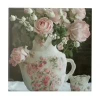 Pretty Pink Roses in Vintage Antique China Teapot Ceramic Tile