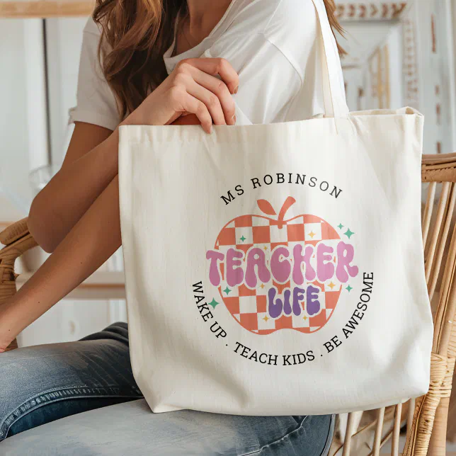 Teacher Life Wake Teach School Personalized Name Large Tote Bag