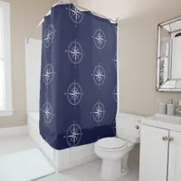 Nautical Navy Blue Coastal Compass Rose Bathroom Shower Curtain