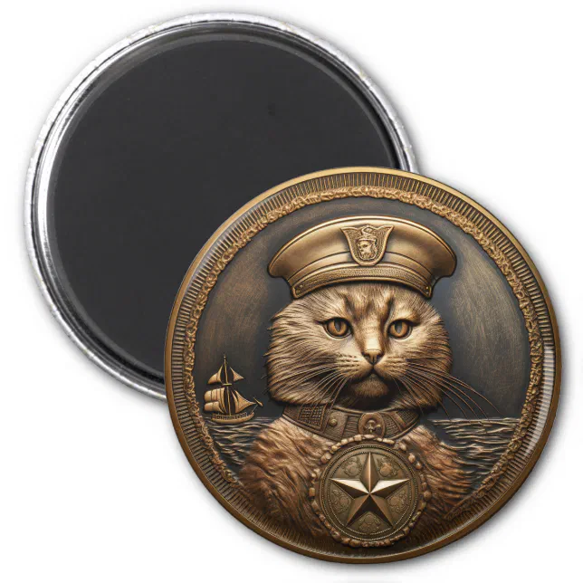 Cat at Navy Bronze Metallic Medallion Magnet