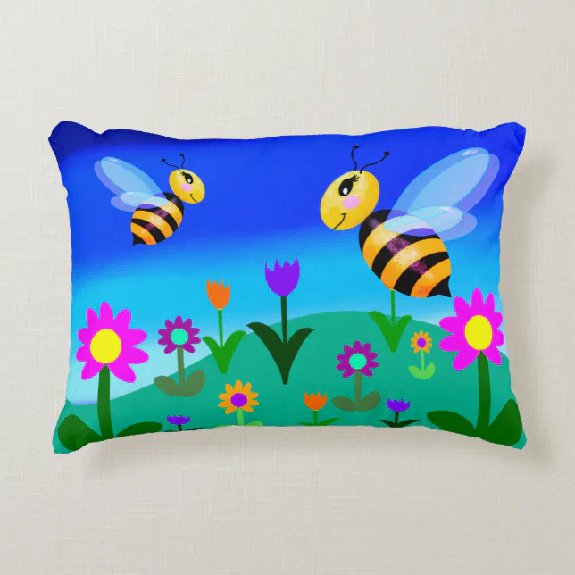 Happy bees in a flower field accent pillow