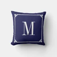 Navy and White Greek Key Border Monogrammed Throw Pillow