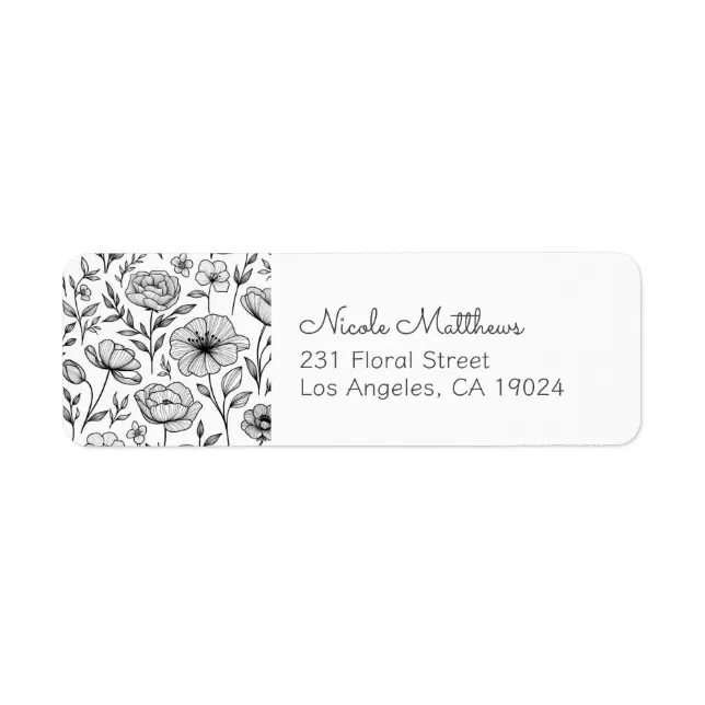 Minimalist Black and White Floral Return Address Label