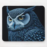 Blue and Black Serious Owl  Mouse Pad