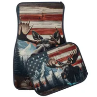 Moose Head Against American Flag and Mountains Car Floor Mat