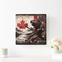 Beaver on a Tree With Canadian Flag and Mountains Square Wall Clock